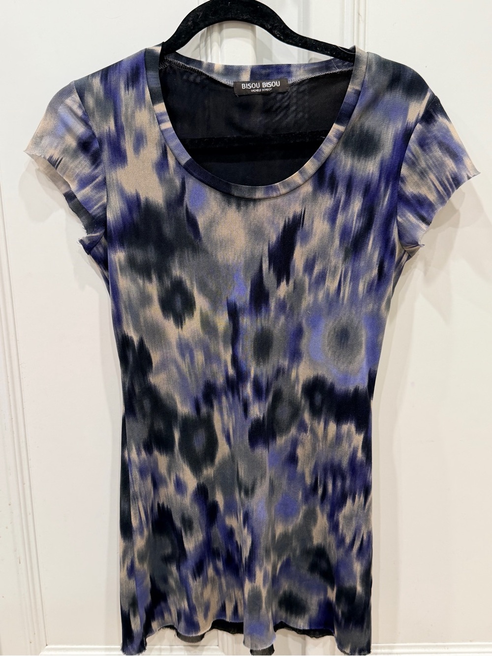 Bisou Bisou Blue, Gray & Cream Short Sleeve Scoop Neck Top